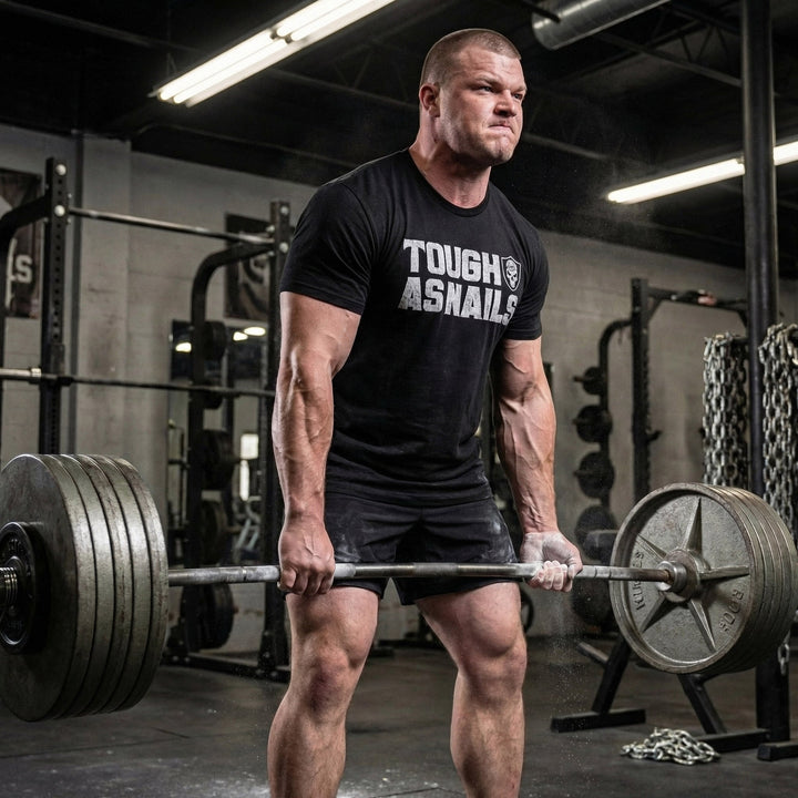 Tough as Nails tee in Black: TOUGH AS NAILS in bold distressed block letters beside a skull shield