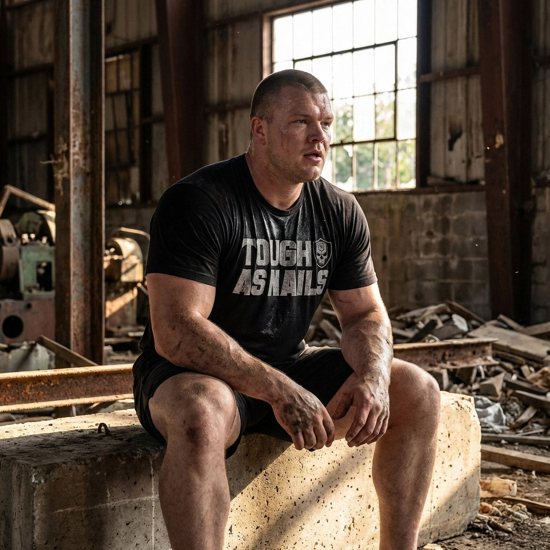 Tough as Nails tee in Black: TOUGH AS NAILS in bold distressed block letters beside a skull shield