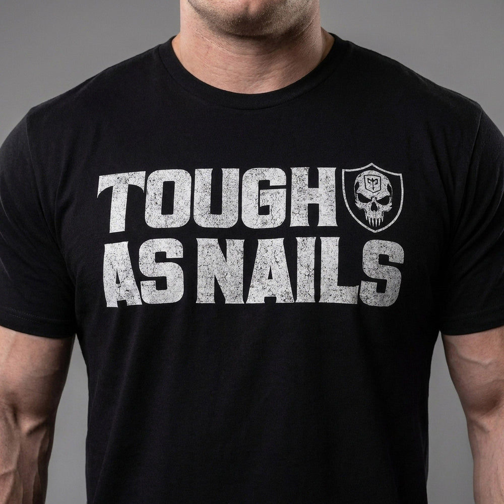 Tough as Nails tee in Black: TOUGH AS NAILS in bold distressed block letters beside a skull shield