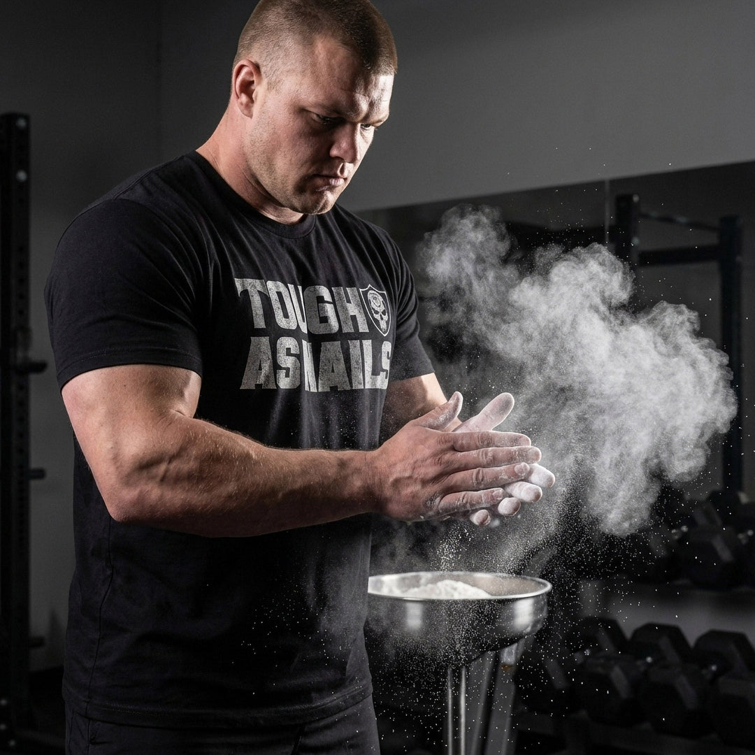 Tough as Nails tee in Black: TOUGH AS NAILS in bold distressed block letters beside a skull shield