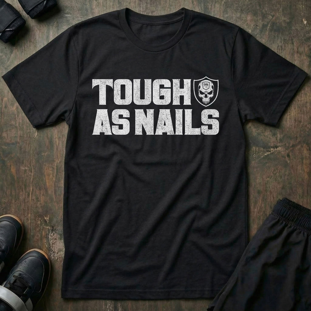 Tough as Nails tee in Black: TOUGH AS NAILS in bold distressed block letters beside a skull shield