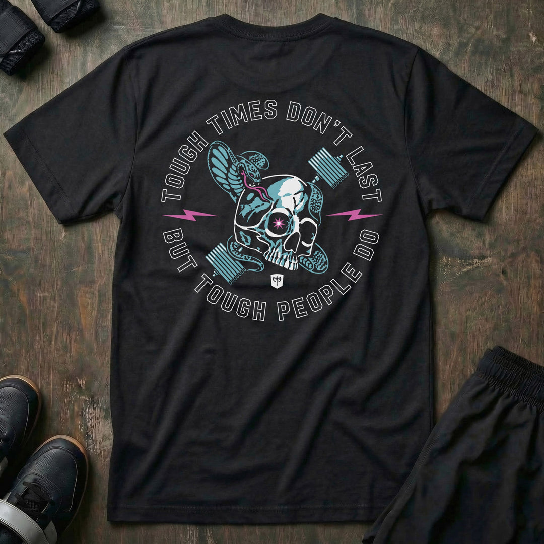 Tough Times Don't Last But Tough People Do tee in Black: a teal skull with lightning bolts and crossed dumbbells