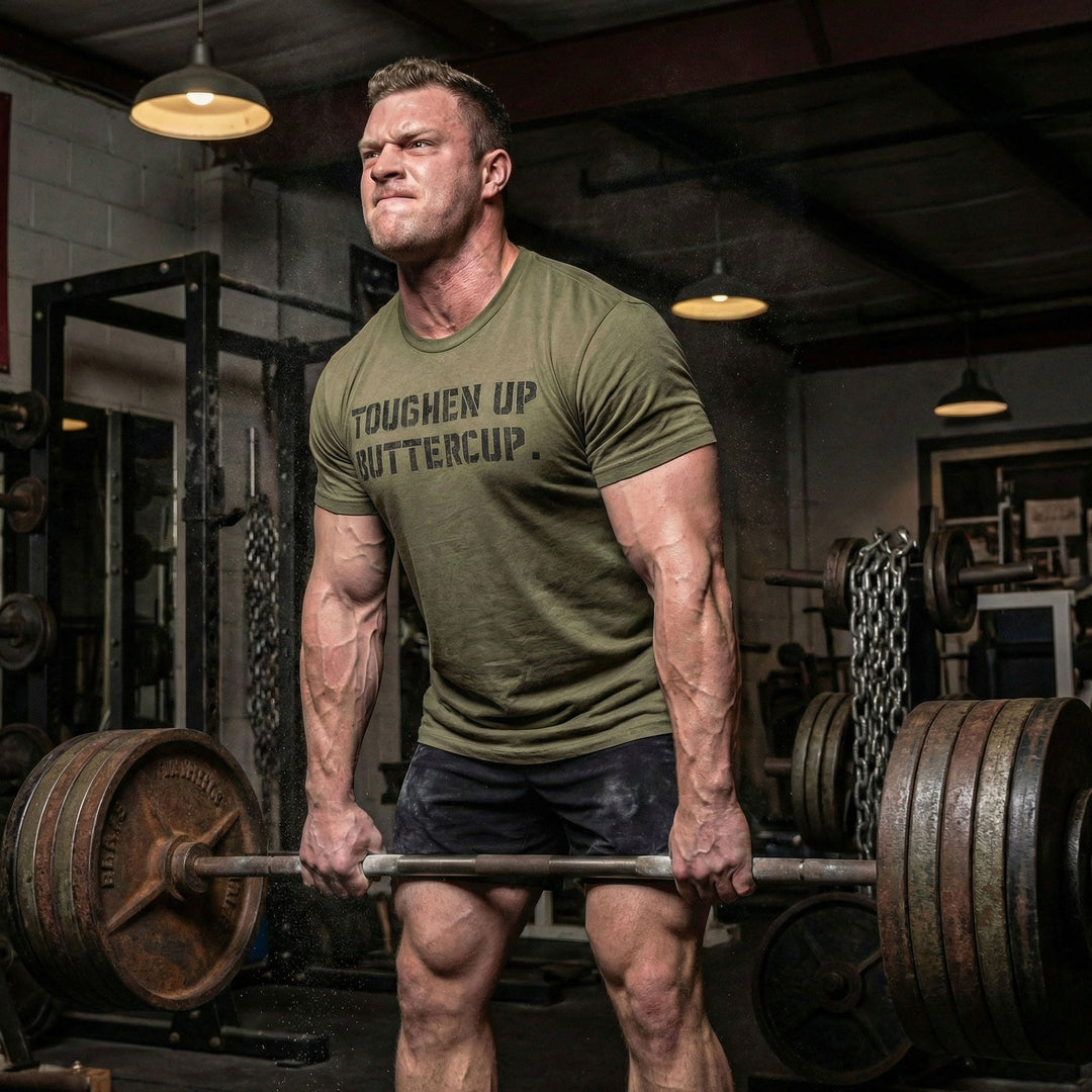 Toughen Up Buttercup. - on Military Green tee - Conquering Barbell