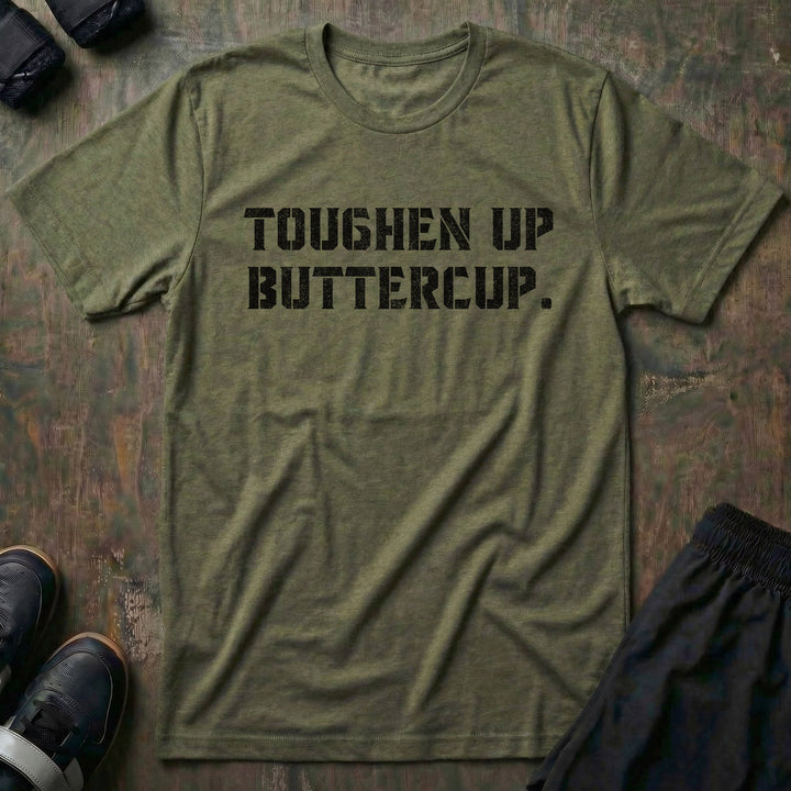 Toughen Up Buttercup. - on Military Green tee - Conquering Barbell