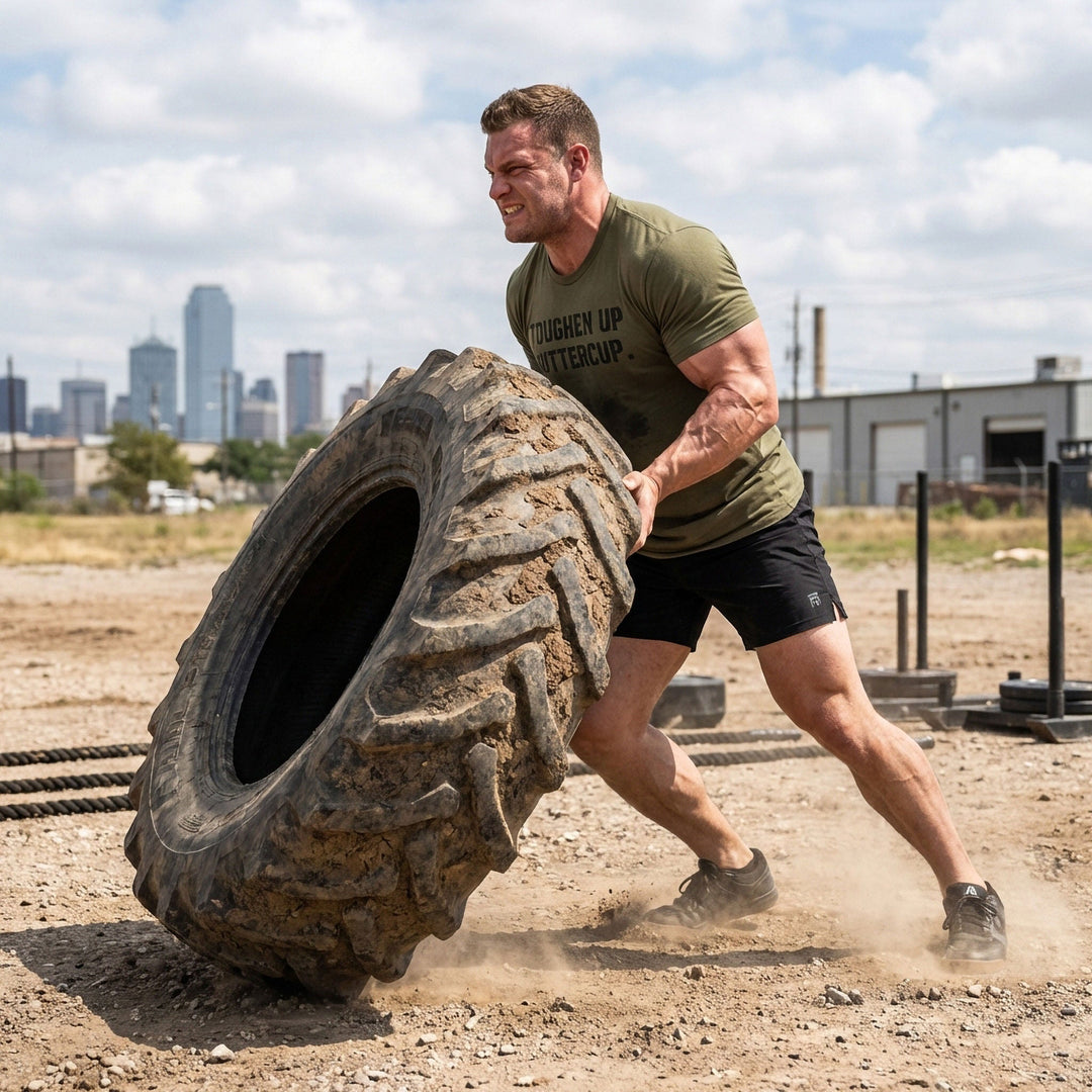 Toughen Up Buttercup. - on Military Green tee - Conquering Barbell