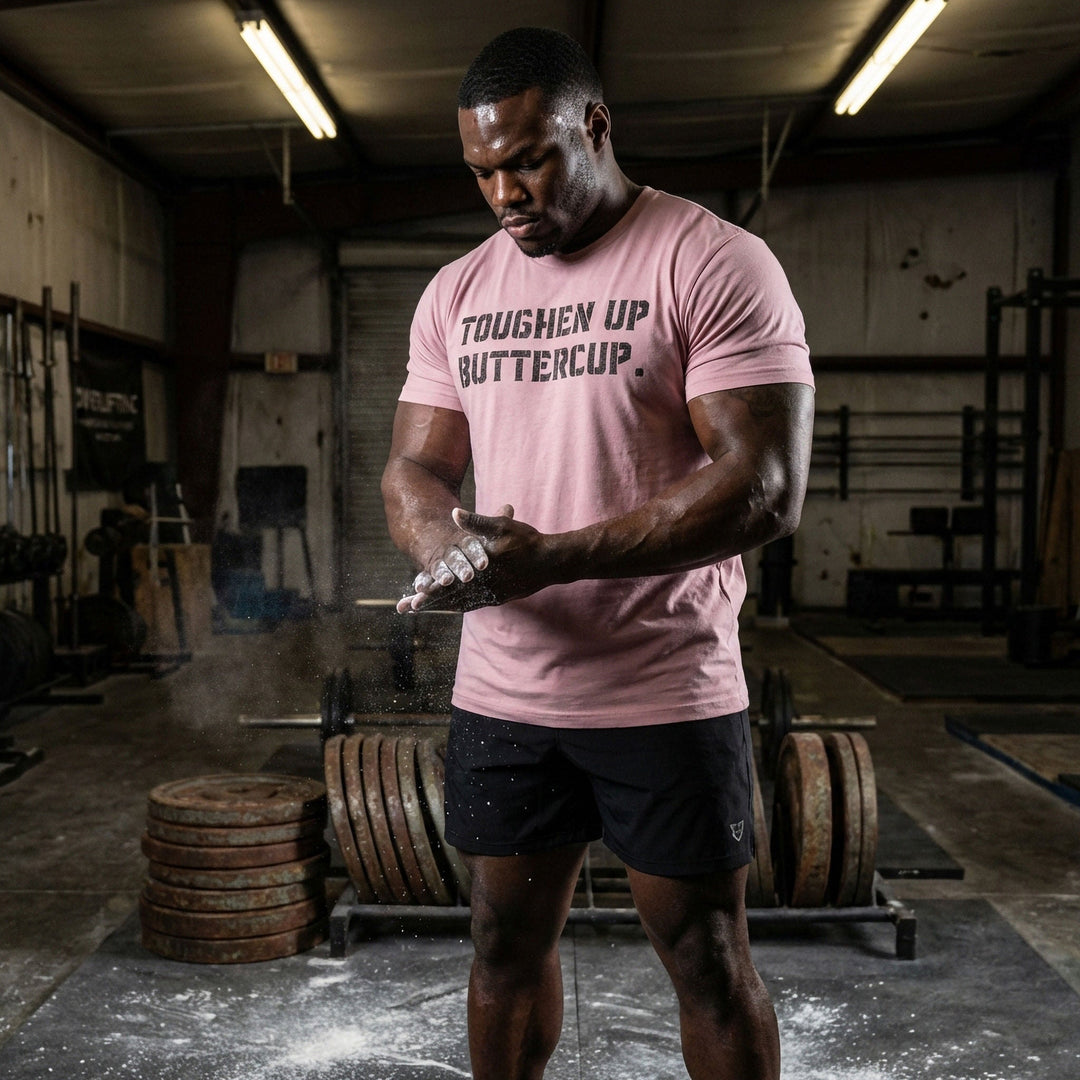Toughen Up Buttercup. - on Pink tee - Conquering Barbell