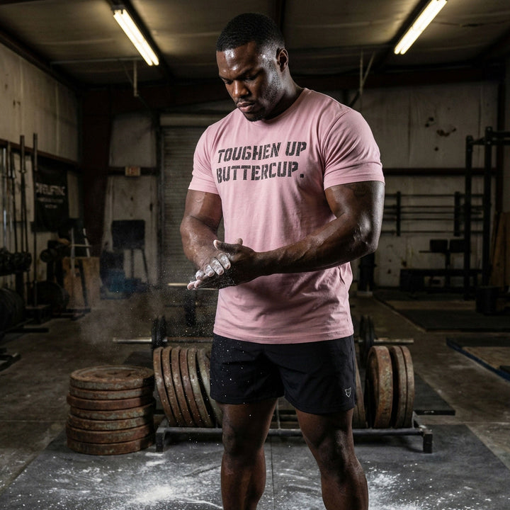 Toughen Up Buttercup. - on Pink tee - Conquering Barbell