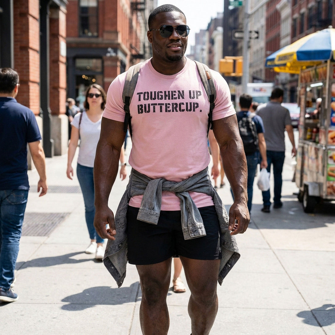 Toughen Up Buttercup. - on Pink tee - Conquering Barbell