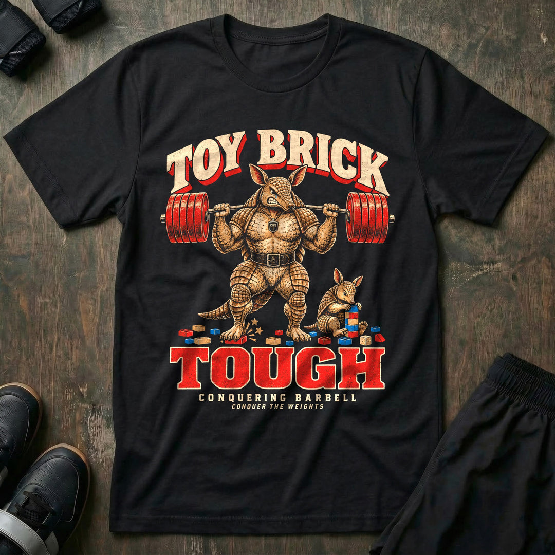 Toy Brick Tough - Tee front graphic in Black with an armadillo dad with a loaded barbell on his back stepping on a toy brick while a young armadillo stacks building blocks - Conquering Barbell