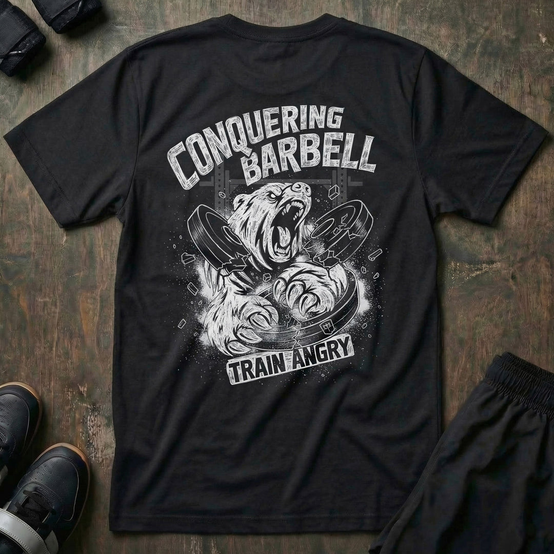 Train Angry Grizzly tee in Black: a raging grizzly exploding through 100 lb plates