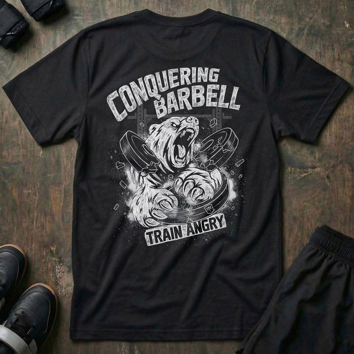 Train Angry Grizzly tee in Black: a raging grizzly exploding through 100 lb plates