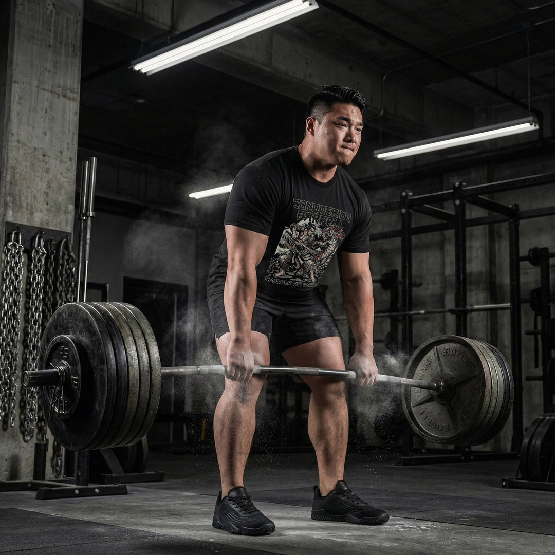 Train to Conquer - Powerlifting on Black Tee - Conquering Barbell