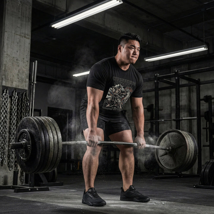 Train to Conquer - Powerlifting on Black Tee - Conquering Barbell