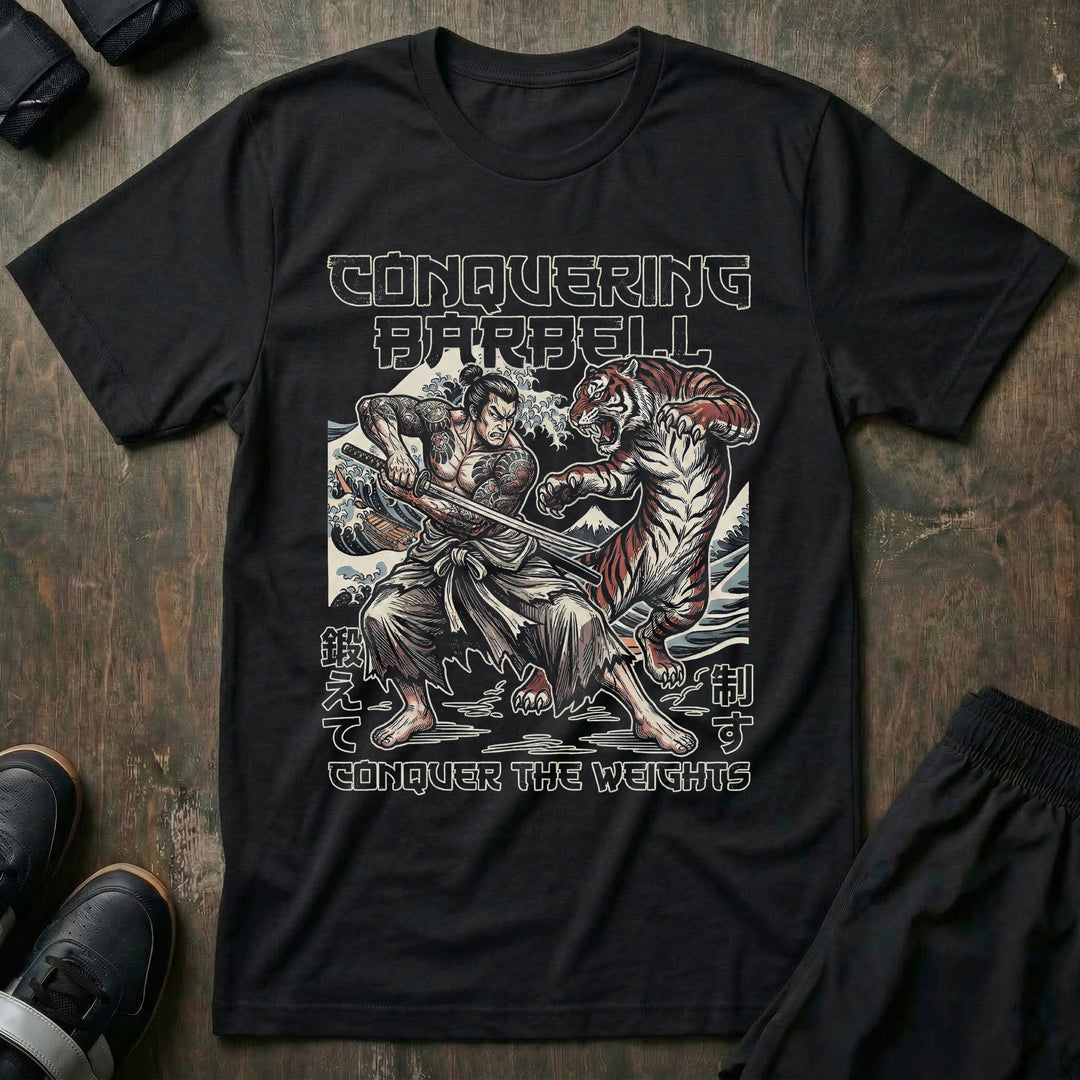 Train to Conquer - Powerlifting on Black Tee - Conquering Barbell