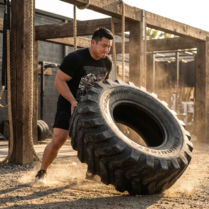 Train to Conquer - Powerlifting on Black Tee - Conquering Barbell