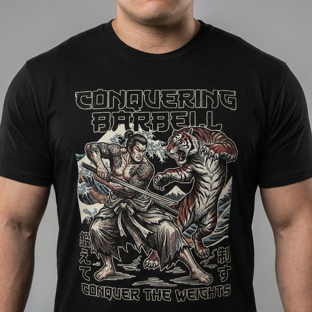 Train to Conquer - Powerlifting on Black Tee - Conquering Barbell
