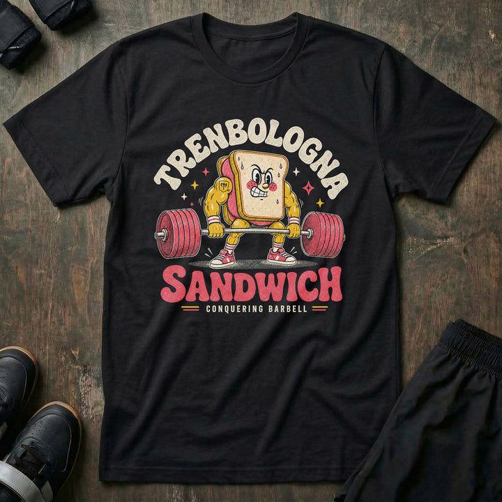 Trenbologna Sandwich tee in Black: a jacked retro cartoon sandwich gripping a loaded barbell mid-deadlift
