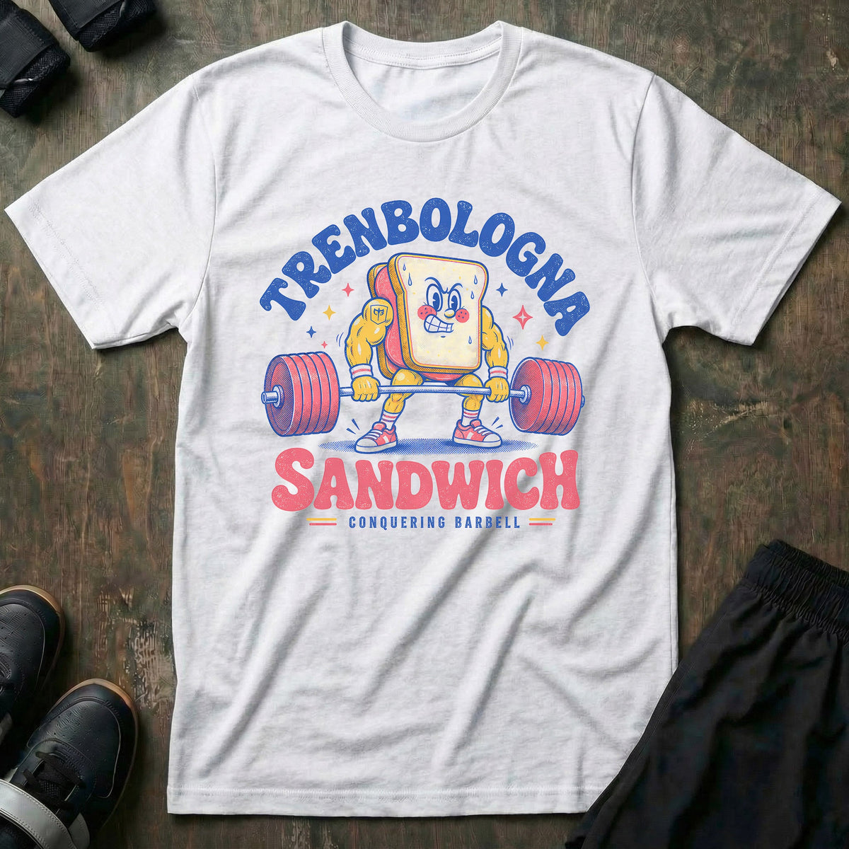 Trenbologna Sandwich tee in White: a jacked retro cartoon sandwich gripping a loaded barbell mid-deadlift