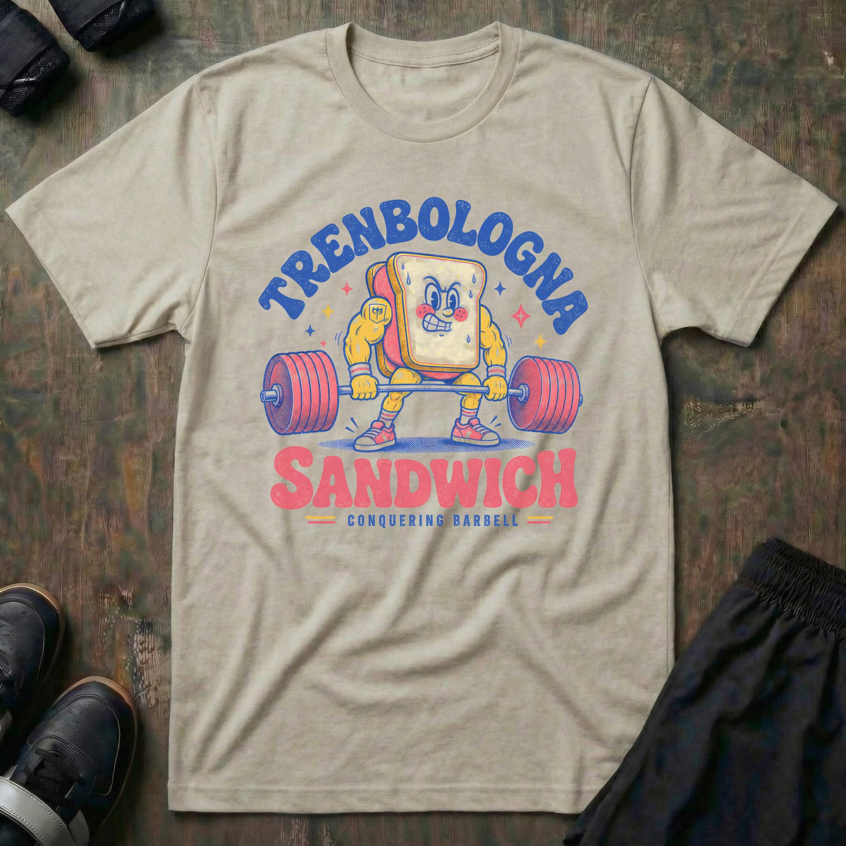 Trenbologna Sandwich tee in Sand: a jacked retro cartoon sandwich gripping a loaded barbell mid-deadlift