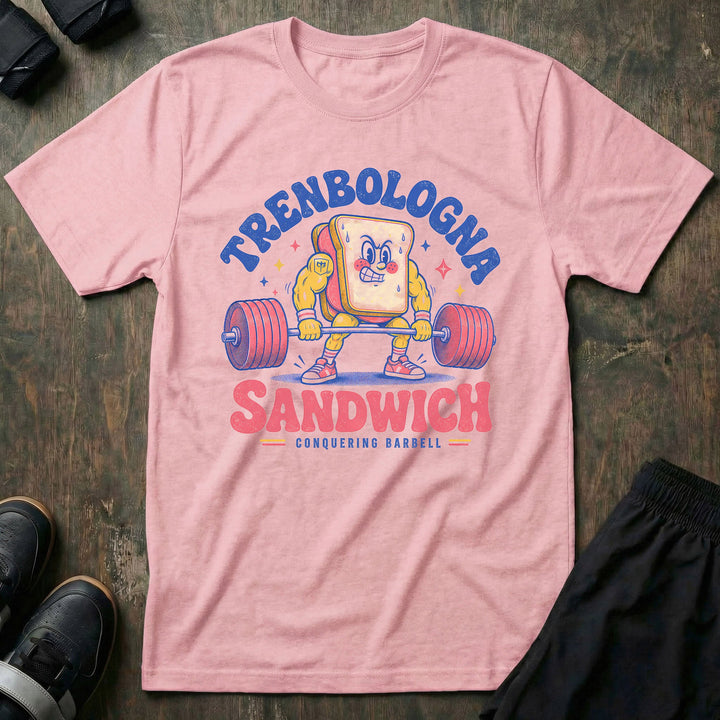 Trenbologna Sandwich tee in Pink: a jacked retro cartoon sandwich gripping a loaded barbell mid-deadlift