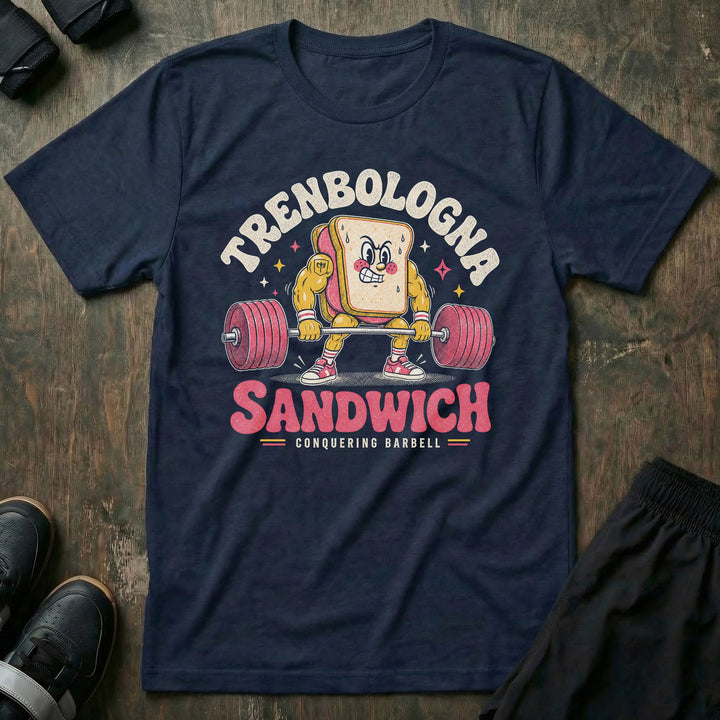 Trenbologna Sandwich tee in Navy: a jacked retro cartoon sandwich gripping a loaded barbell mid-deadlift