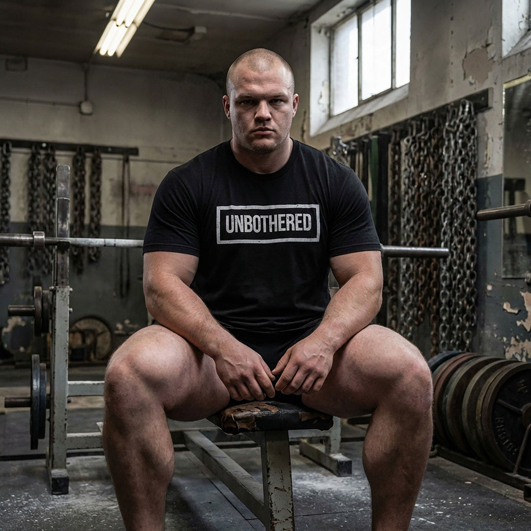 Unbothered tee in Black: UNBOTHERED in distressed block letters inside a bold rectangular frame
