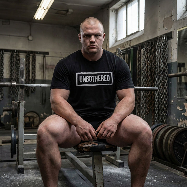 Unbothered tee in Black: UNBOTHERED in distressed block letters inside a bold rectangular frame