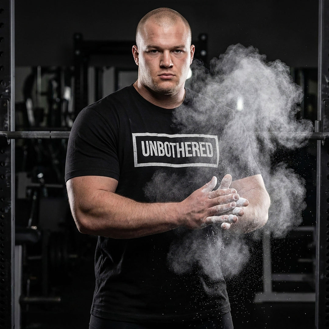 Unbothered tee in Black: UNBOTHERED in distressed block letters inside a bold rectangular frame