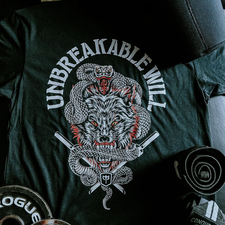 Unbreakable Will - on Black Tee - Conquering Barbell