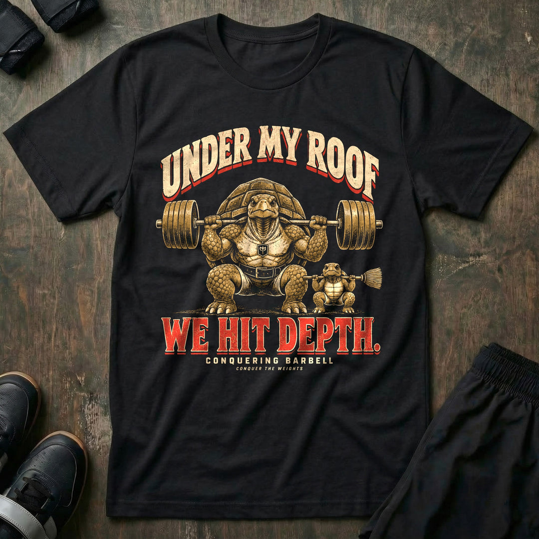 Under My Roof We Hit Depth - Tee front graphic in Black with a tortoise dad in a deep squat with a loaded barbell beside a young tortoise squatting with a broomstick - Conquering Barbell