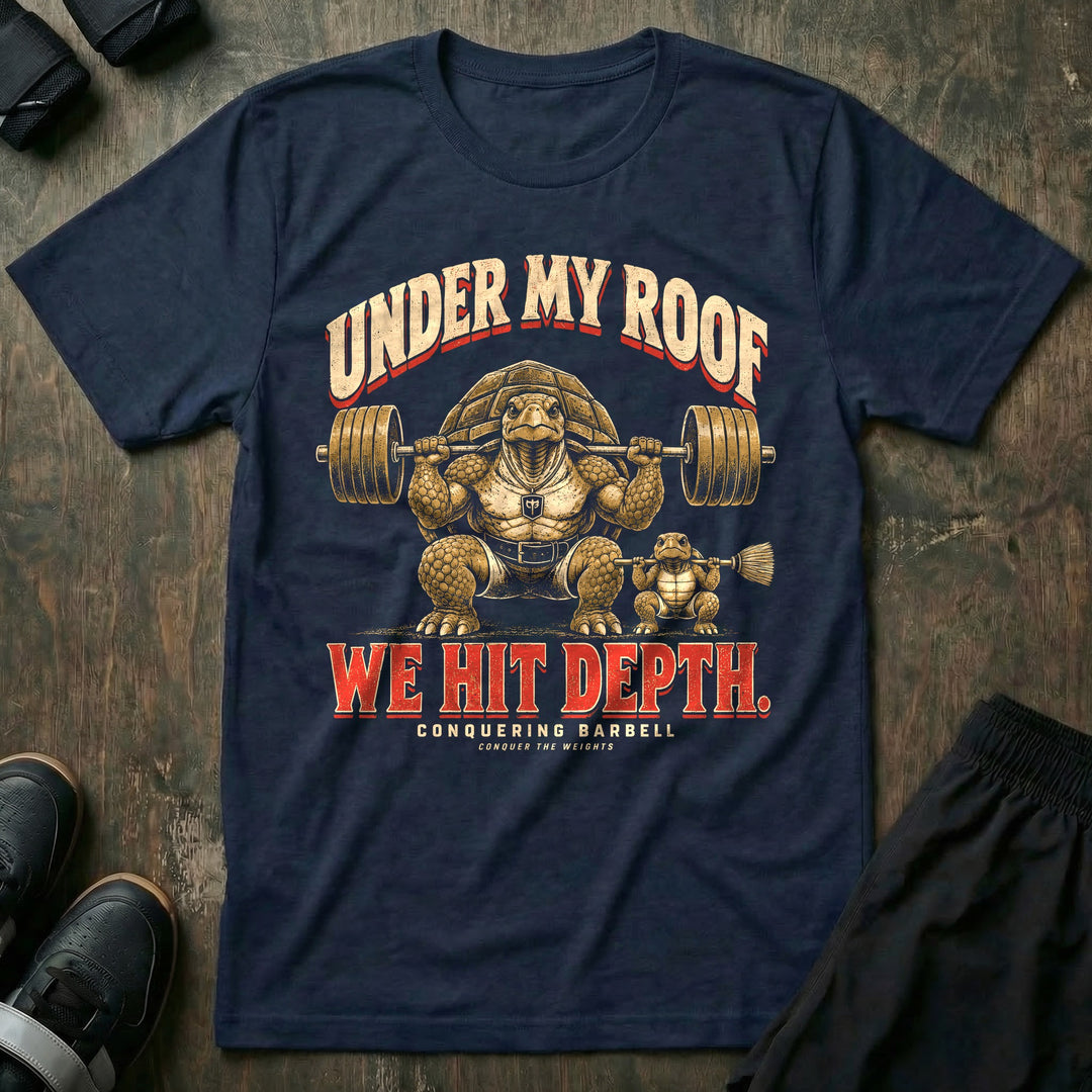 Under My Roof We Hit Depth - Tee front graphic in Navy with a tortoise dad in a deep squat with a loaded barbell beside a young tortoise squatting with a broomstick - Conquering Barbell