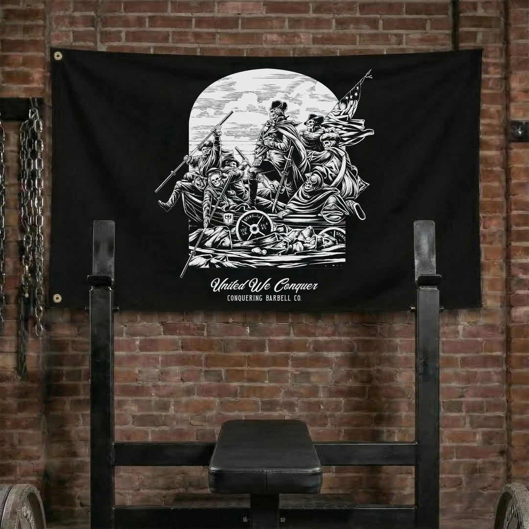United We Conquer - Polyester Flag, horizontal black gym flag with squad of lifters raising a barbell like a flag - Conquering Barbell