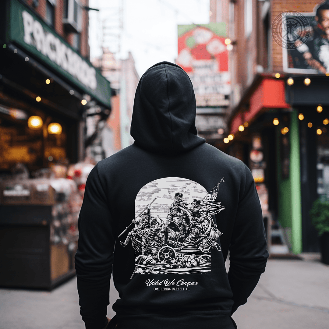 United We Conquer - on Black Pullover Hoodie - Conquering Barbell