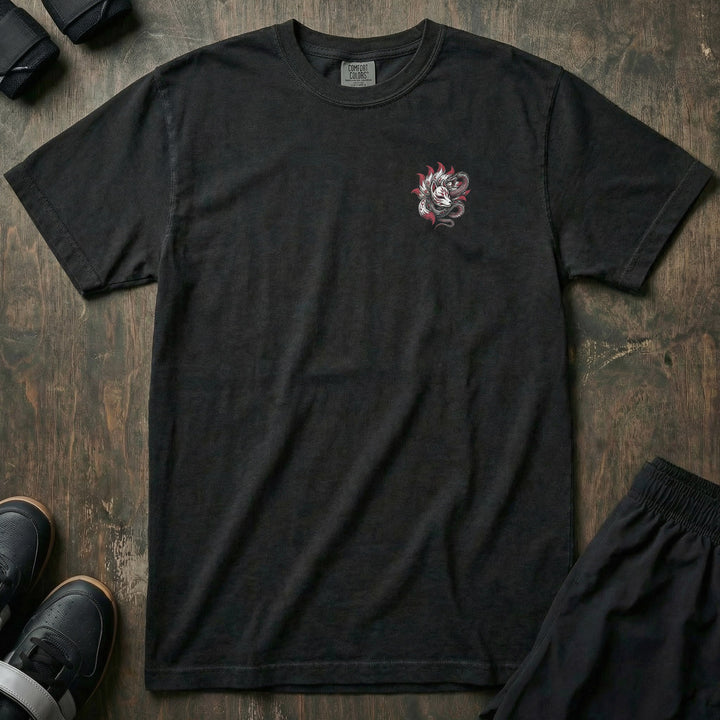 Unstoppable and Untamed relaxed fit tee in Black: a fierce kitsune fox spirit with serpent coiled around it