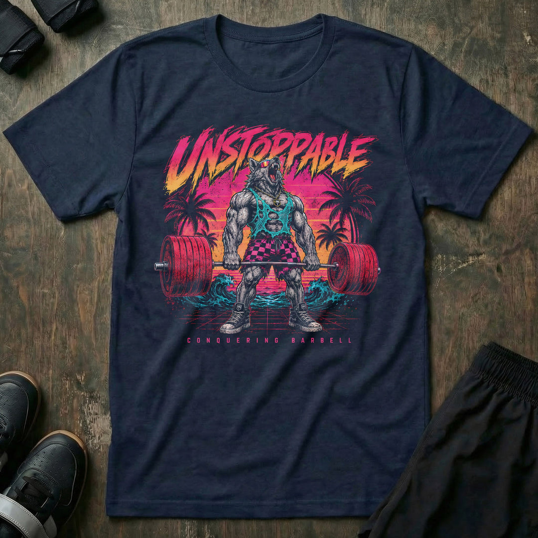 Unstoppable tee: a jacked wolf in a mesh tank