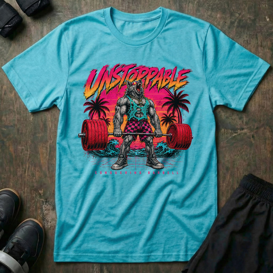 Unstoppable tee in Tahiti: a jacked wolf in a mesh tank
