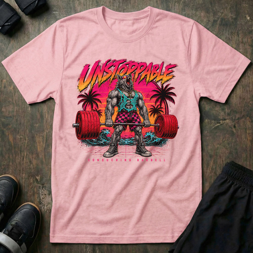 Unstoppable tee in Pink: a jacked wolf in a mesh tank