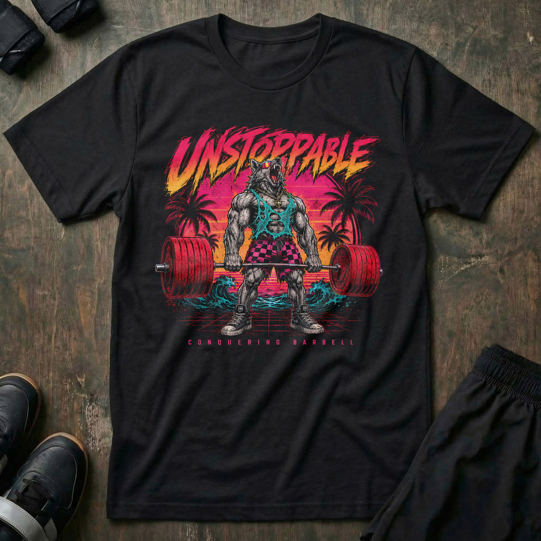 Unstoppable tee: a jacked wolf in a mesh tank