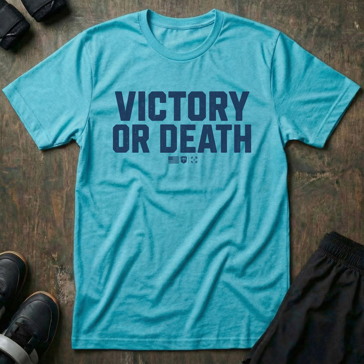 Victory or Death Stack tee in Tahiti: VICTORY OR DEATH in massive distressed block letters stacked across the front