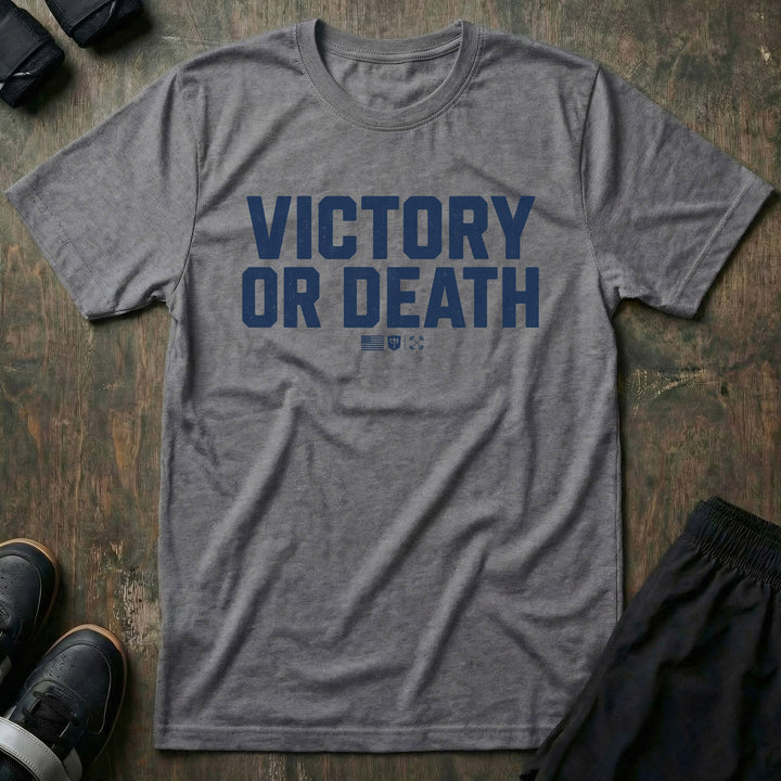 Victory or Death Stack tee in Heather Grey: VICTORY OR DEATH in massive distressed block letters stacked across the front