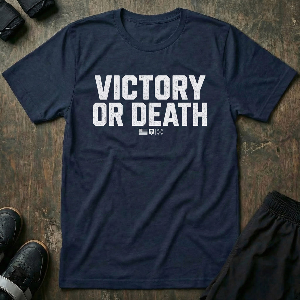 Victory or Death Stack tee in Navy: VICTORY OR DEATH in massive distressed block letters stacked across the front