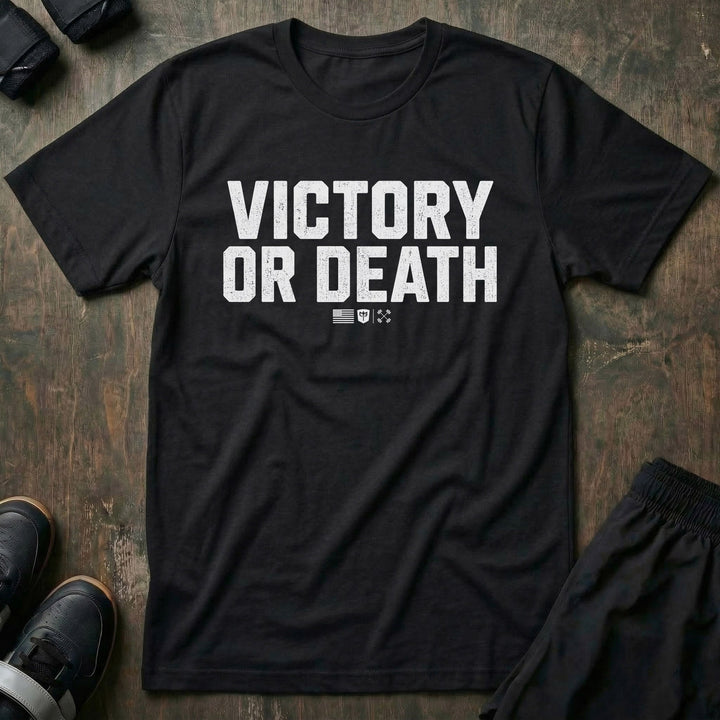 Victory or Death Stack tee in Black: VICTORY OR DEATH in massive distressed block letters stacked across the front