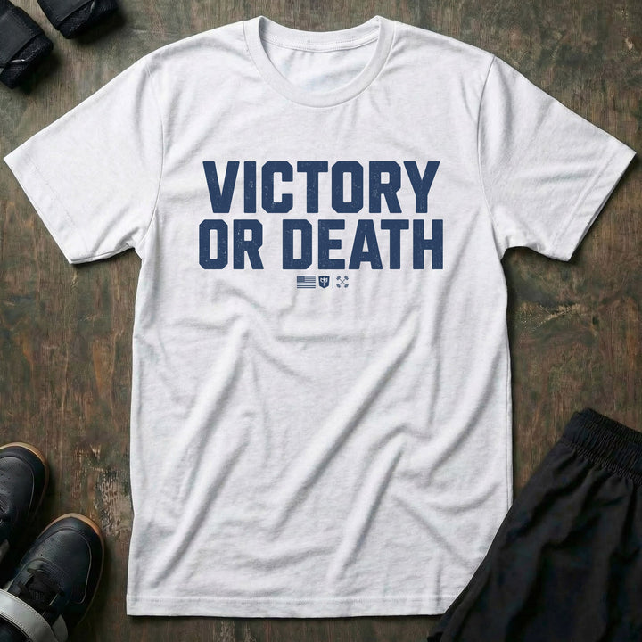 Victory or Death Stack tee in White: VICTORY OR DEATH in massive distressed block letters stacked across the front