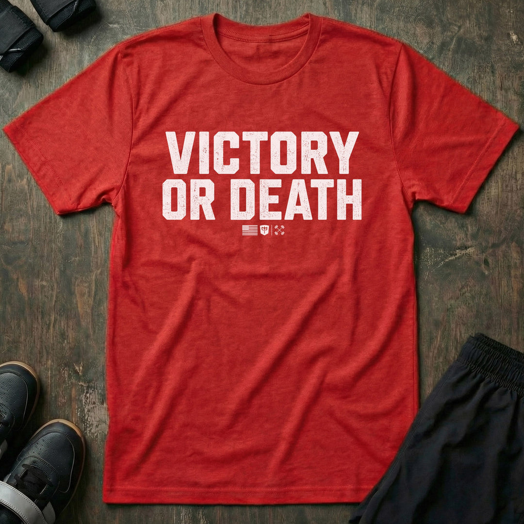 Victory or Death Stack tee in Red: VICTORY OR DEATH in massive distressed block letters stacked across the front