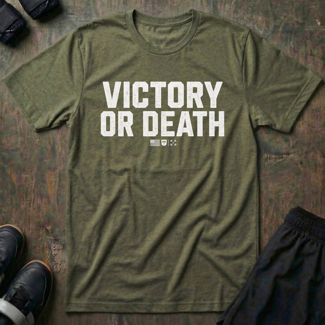 Victory or Death Stack tee in Military: VICTORY OR DEATH in massive distressed block letters stacked across the front