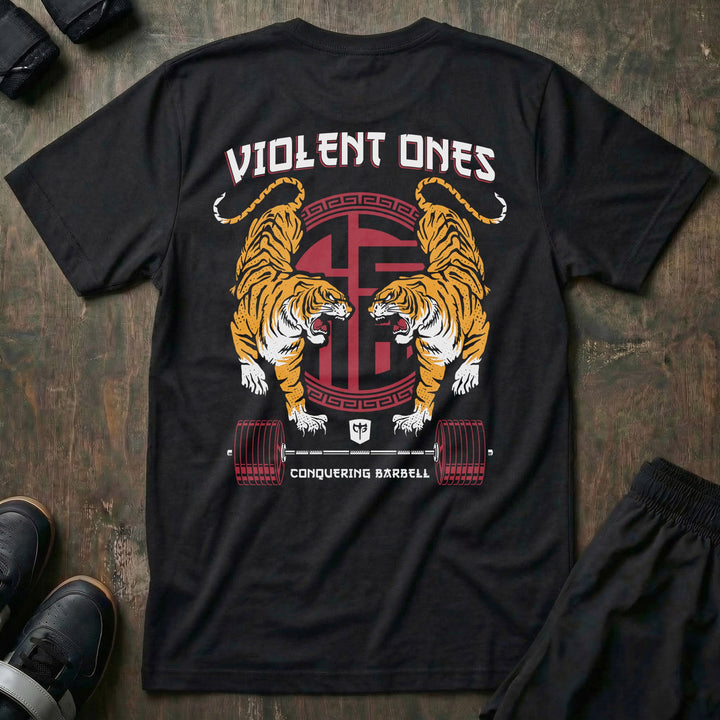 Violent Ones tee in Black: two tigers flanking a red CB emblem and a loaded barbell