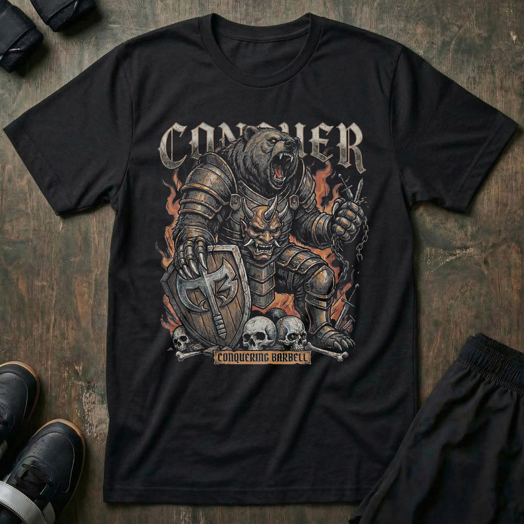 War Bear tee in Black: an armored grizzly warrior with a demon mask on his chest plate and a CB shield in hand