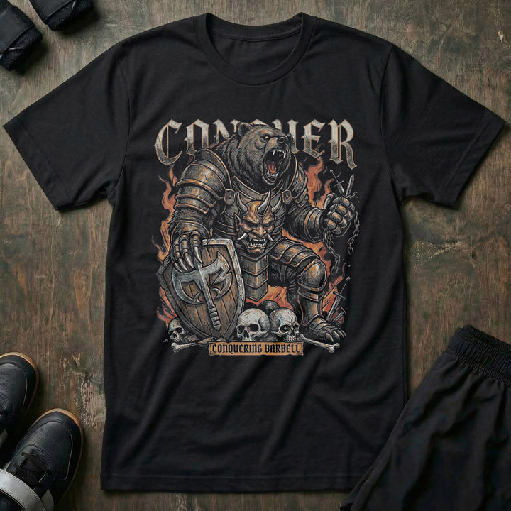 War Bear tee in Black: an armored grizzly warrior with a demon mask on his chest plate and a CB shield in hand