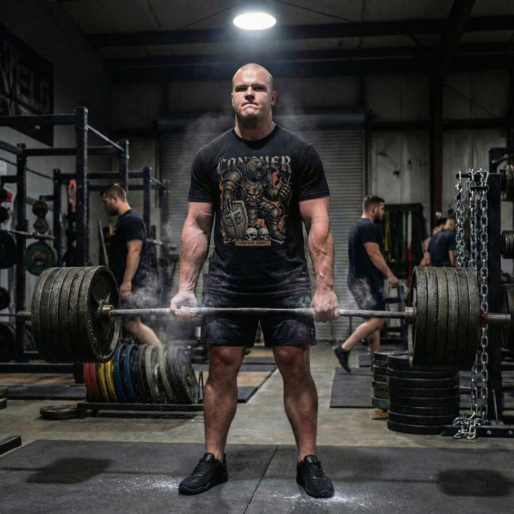 War Bear tee in Black: an armored grizzly warrior with a demon mask on his chest plate and a CB shield in hand
