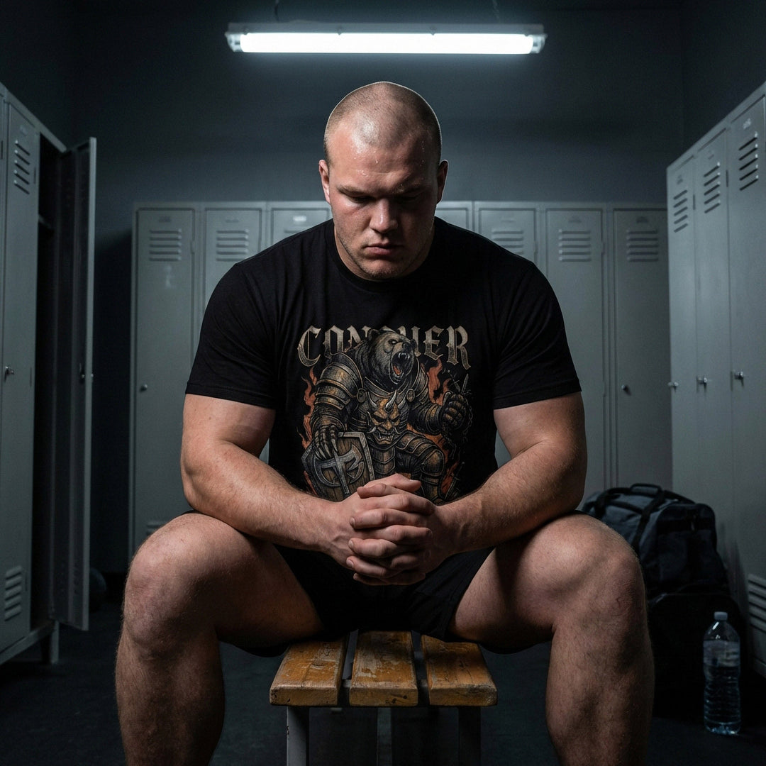 War Bear tee in Black: an armored grizzly warrior with a demon mask on his chest plate and a CB shield in hand